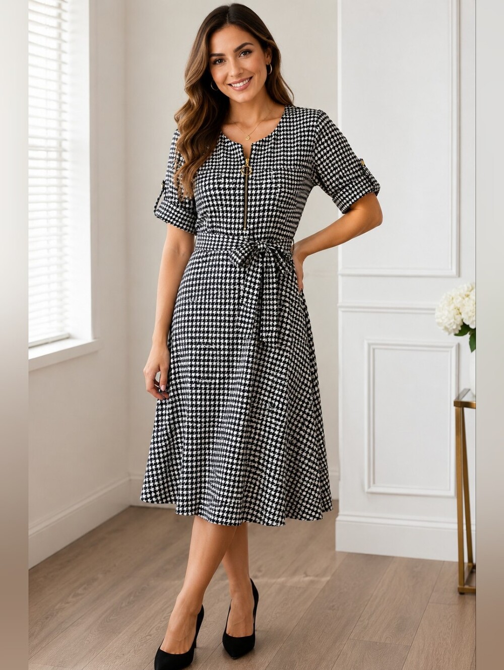 Shelby & Palmer Houndstooth Fit & Flare Dress Size 14 Black White Zip Belted Mid